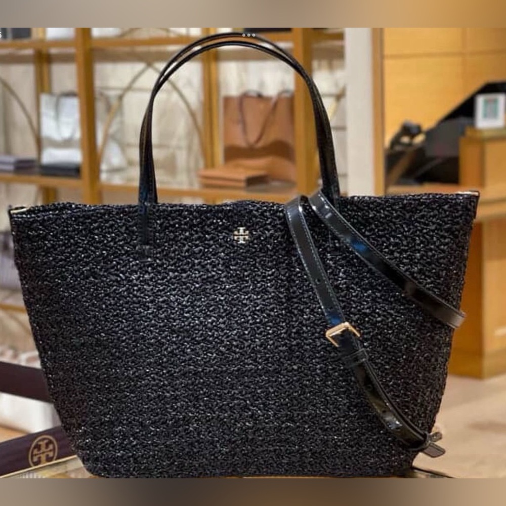 NWT TORY BURCH EMERSON LACQUERED RAFFIA TOTE W/LEATHER POUCH - Picture 4 of 11